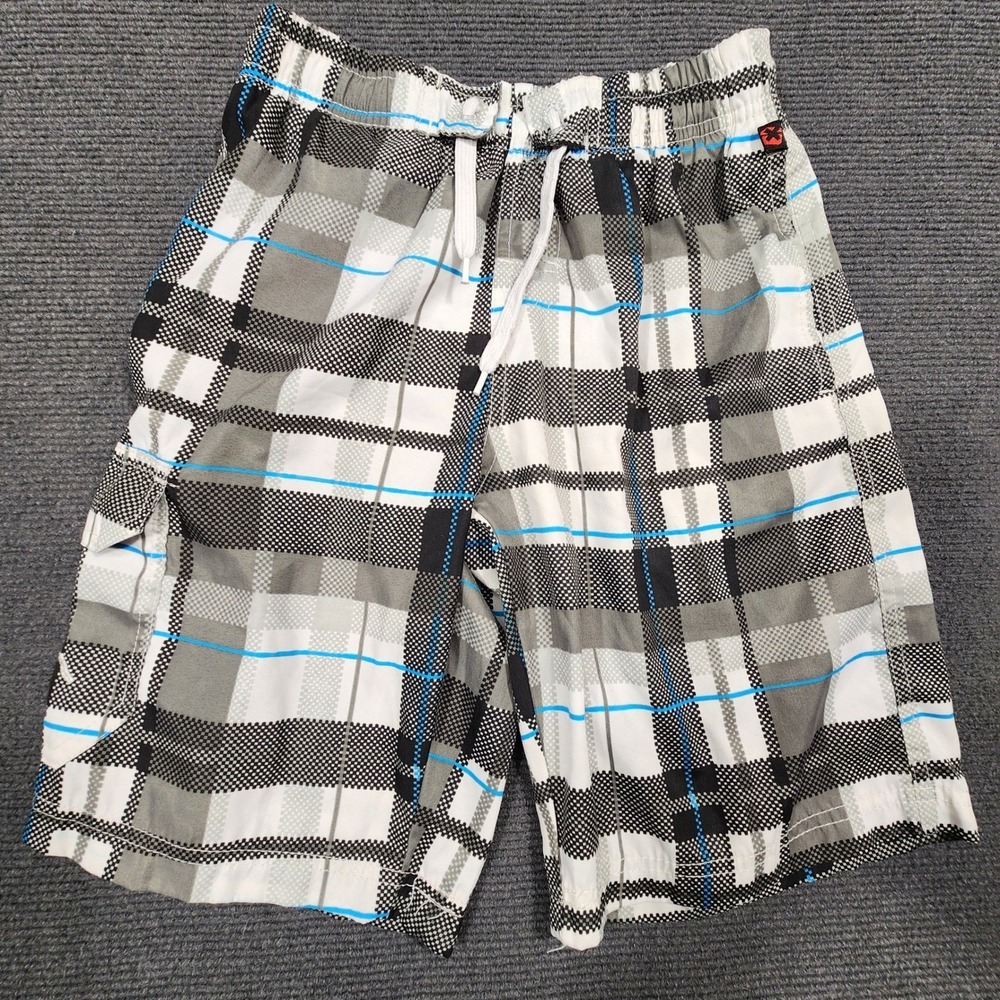NBN Gear Swim Trunks Boys Size S 8 Gray Plaid Cargo Pocket Mesh Liner